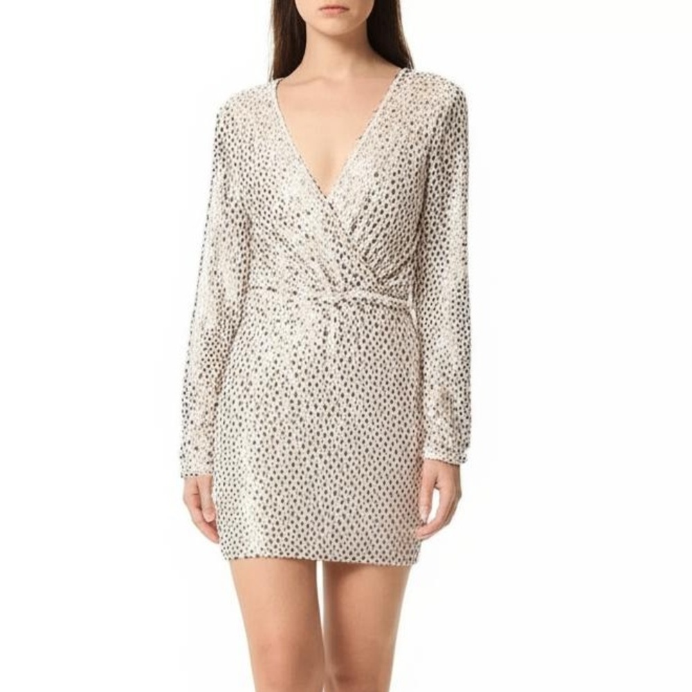 Double Crazy Mini Dress M Gold Sheer Long Sleeve Sequin Party Glam Sexy‎ HOCO